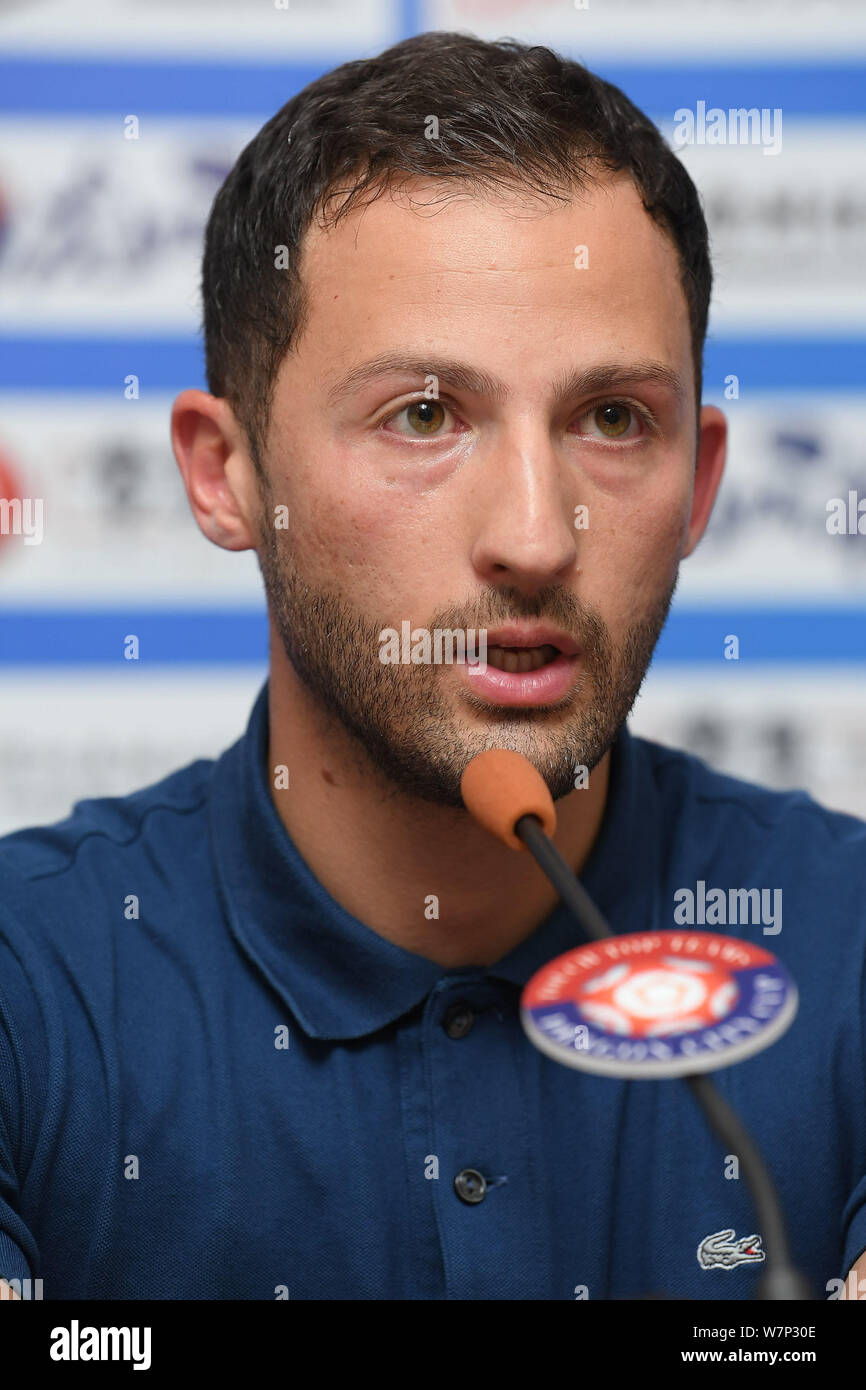 Head coach Domenico Tedesco of FC Schalke 04 attends a press conference for the 2017 Changzhou Dragon City Cup International Football Invitation Tourn Stock Photo