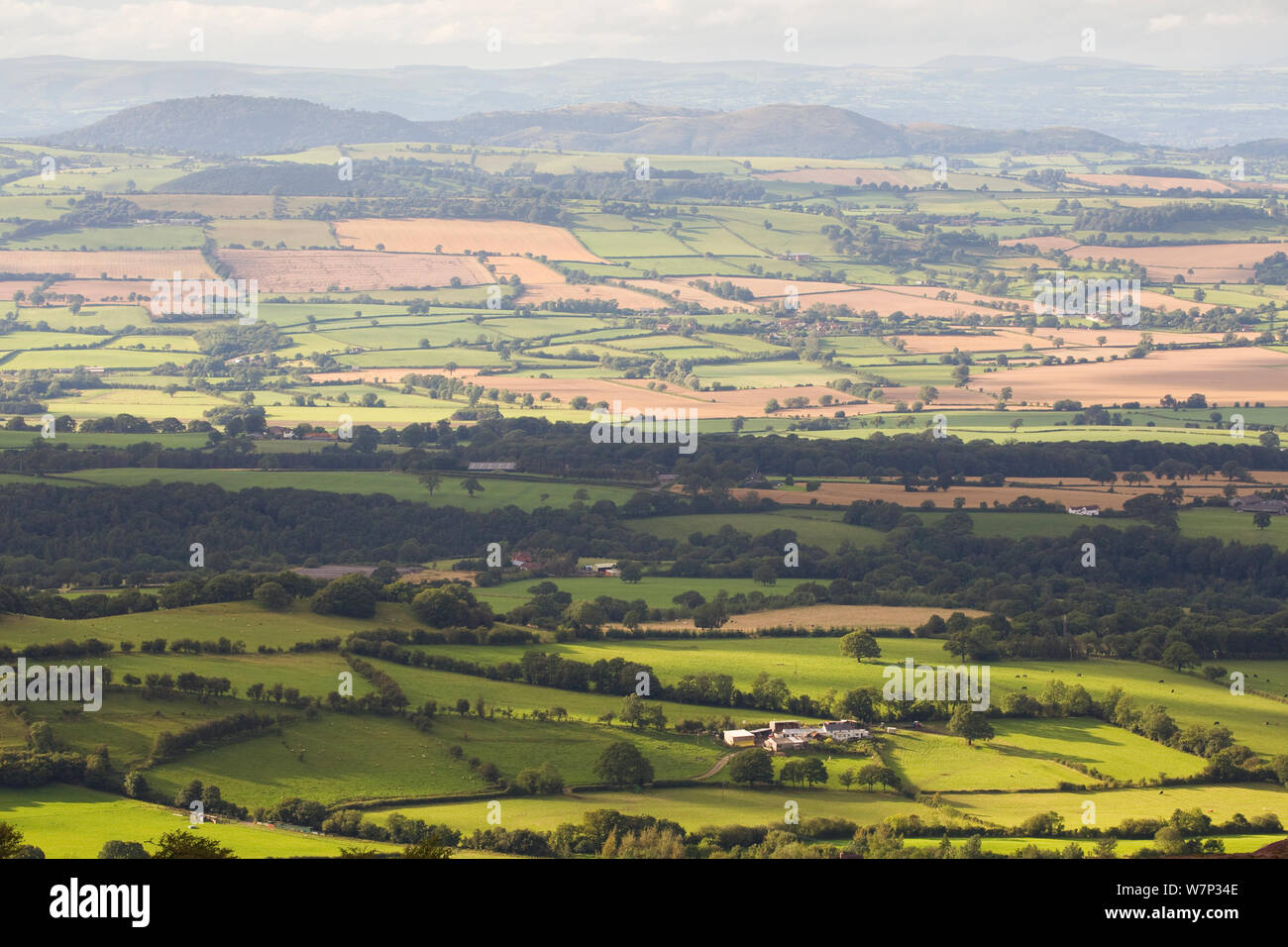 View from the Shropshire Hills over the surrounding rural landscape, Shropshire, England, UK, August 2012. Stock Photo