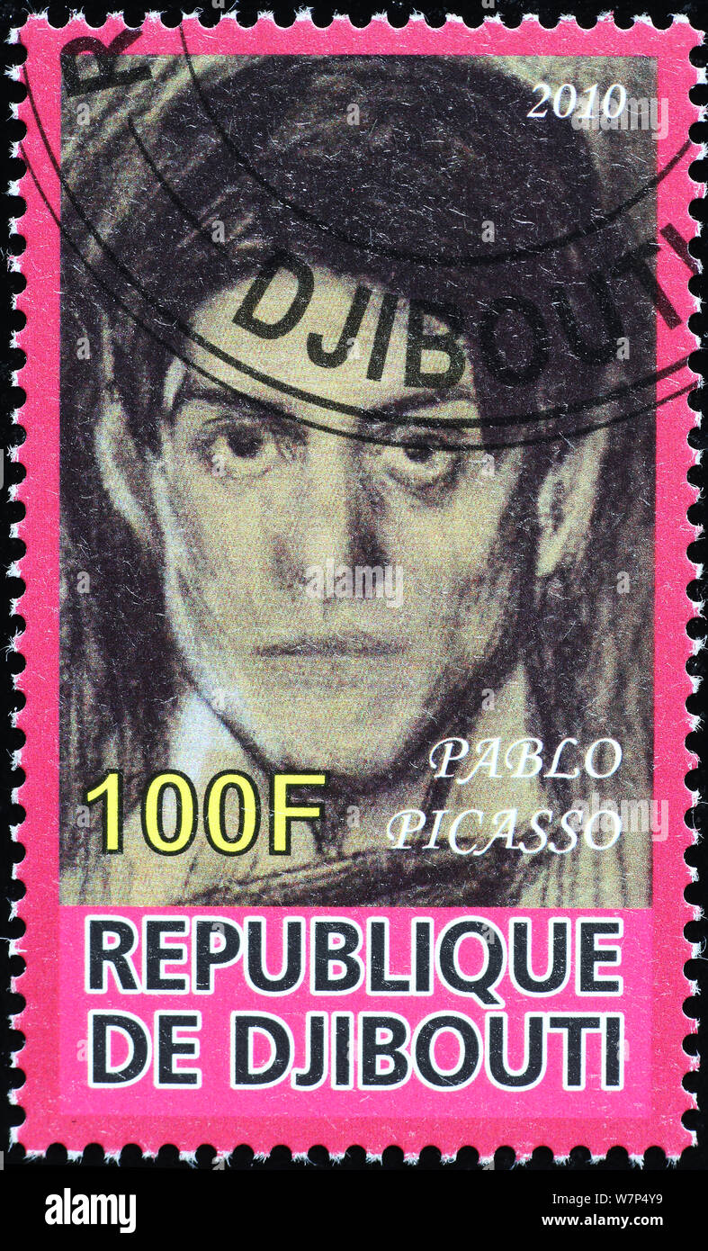Self portrait by a young Pablo Picasso on stamp Stock Photo