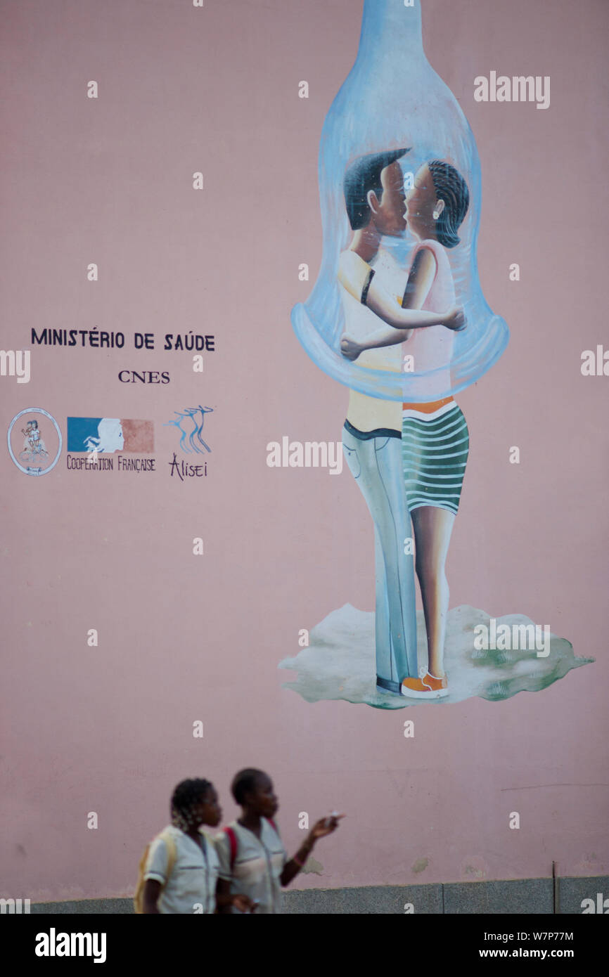 HIV / AIDS awareness campaign, graphics painted onto side of building on the edge of the market square, Sao Tome, Democratic Republic of Sao Tome and Principe, Gulf of Guinea 2009 Stock Photo