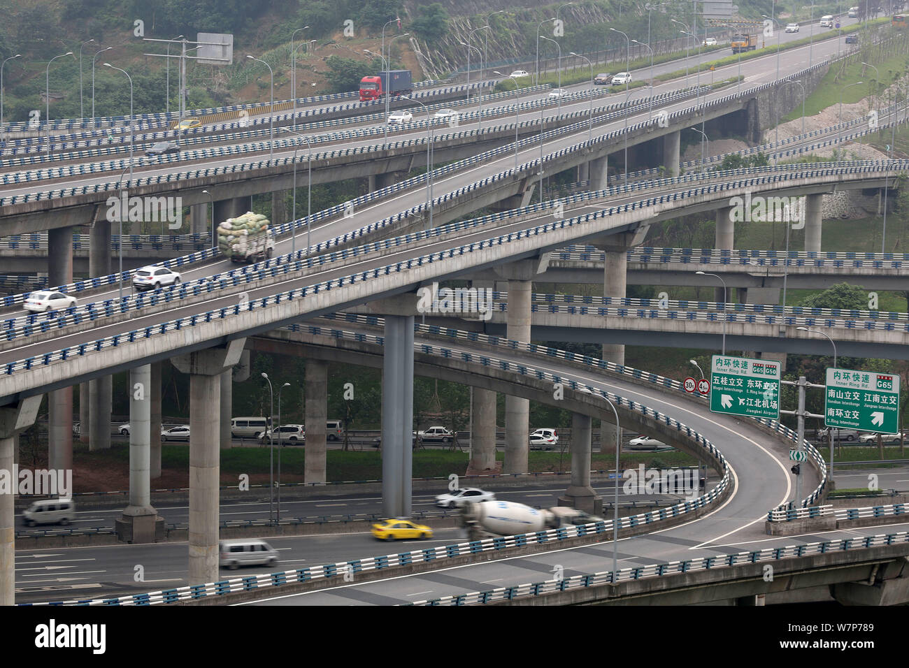 Aerial view of the fivestory structure Huangjuewan Flyover in