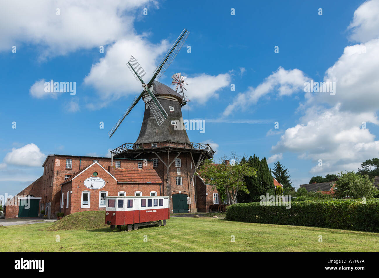 Windmill in Pewsum, East Frisia, Lower Saxony Germany Stock Photo