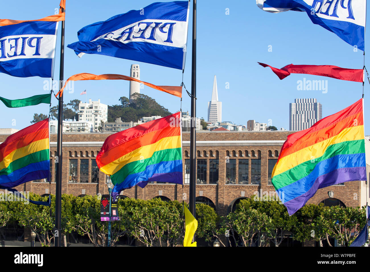 Gay Pride Rainbow Flag Flying in the wind over the Castro, San Francisco, California, USA, June 2011 Stock Photo