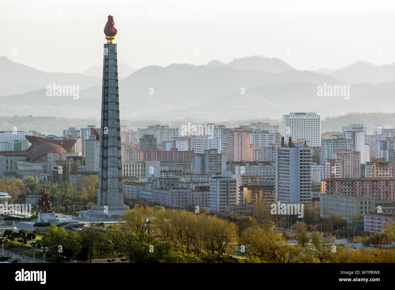 Pyongyang city skyline and the Juche Tower, Democratic Peoples' Republic of Korea (DPRK), North Korea, 2012 Stock Photo