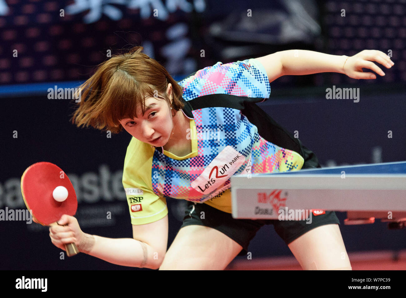 Seo Hyo-won of South Korea returns a shot to Chen Meng of China in the  first round match of the Women's Singles during the Seamaster 2017 ITTF  World T Stock Photo -