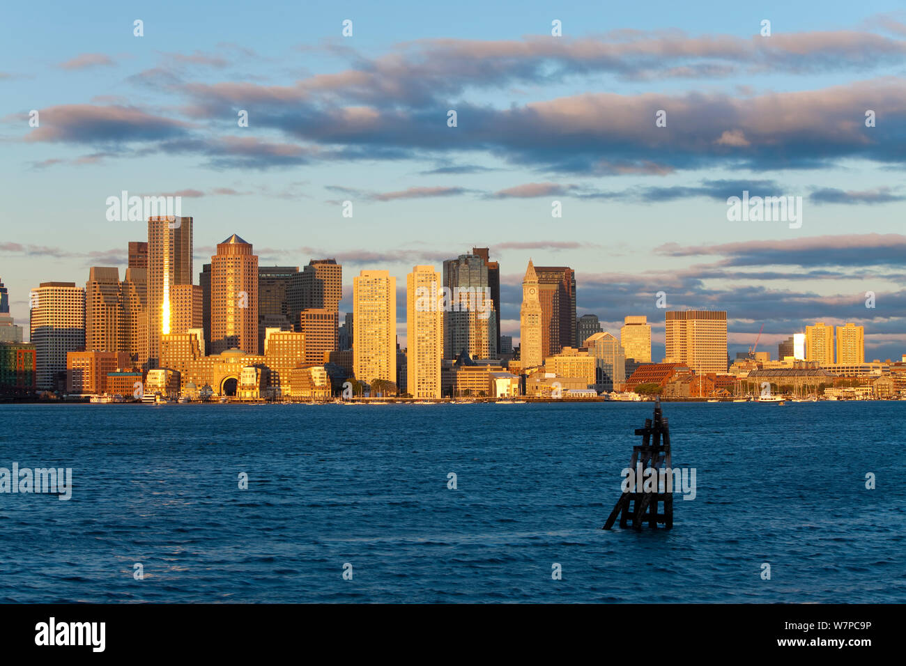 City skyline viewed across harbour at dawn, Boston, Massachusetts, USA 2009 Stock Photo