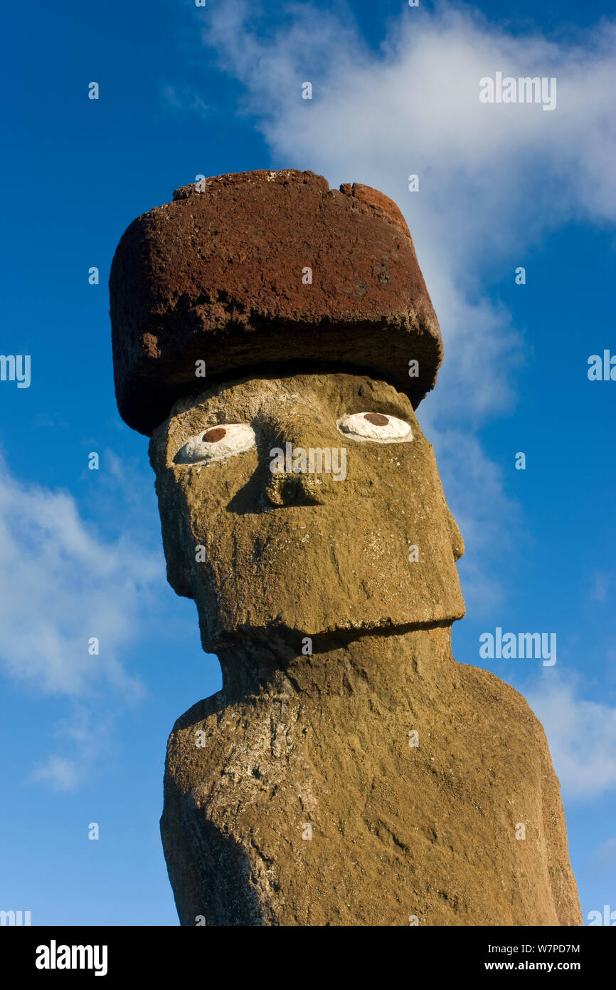 Portrait of Moai statue Ahu Ko Te riku, the only topknotted and eyeballed Moai on the Island, Easter Island, Rapa Nui, Chile 2008 Stock Photo