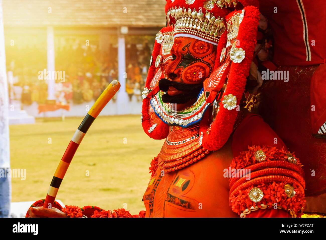 Theyyam Puthalam temple Mahe.Theyyam the living Gods, a ritual and an art form of Northern Kerala where artists perform on special occasions. Stock Photo