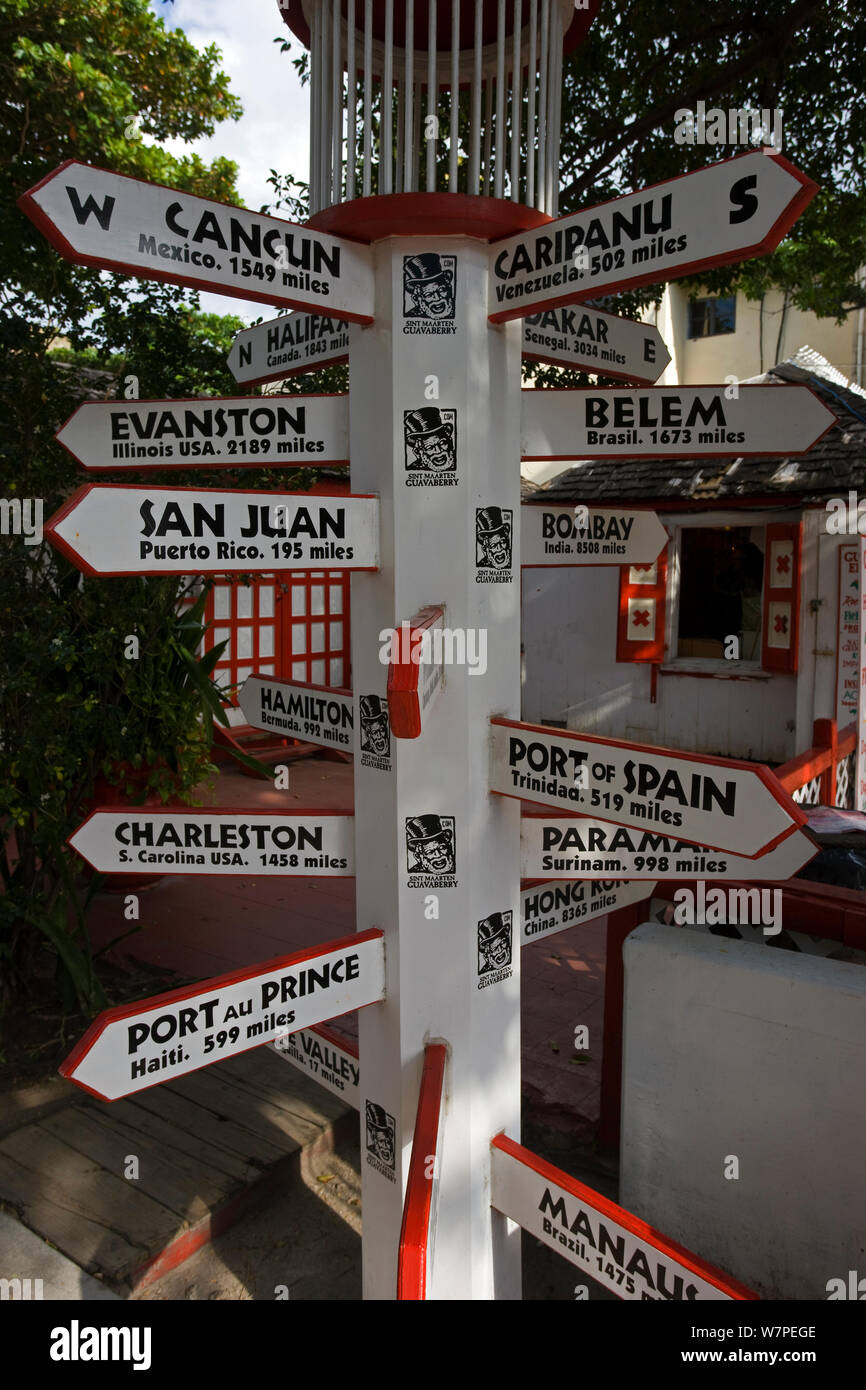 Place signpost in the Dutch capital of Philipsburg, Netherlands Antilles, St Martin, Leeward Islands, Lesser Antilles, Caribbean, West Indies 2008 Stock Photo
