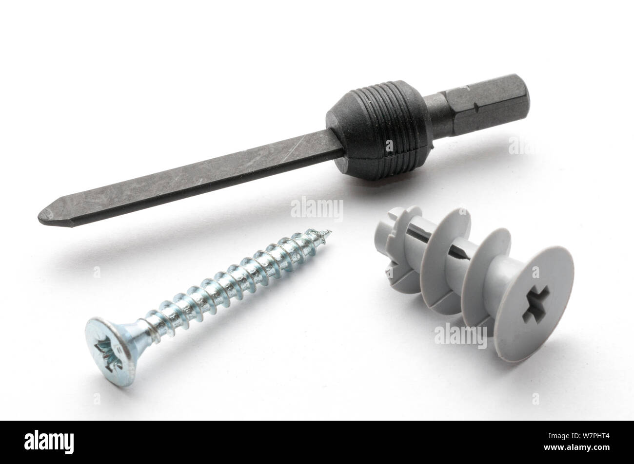 Plasterboard plug with screw and mounting accessory on white background