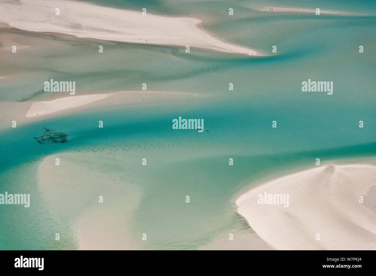 Aerial view of Whitehaven Beach with small boat. Whitsunday Island, Coral Sea, Pacific Ocean, August 2011 Stock Photo