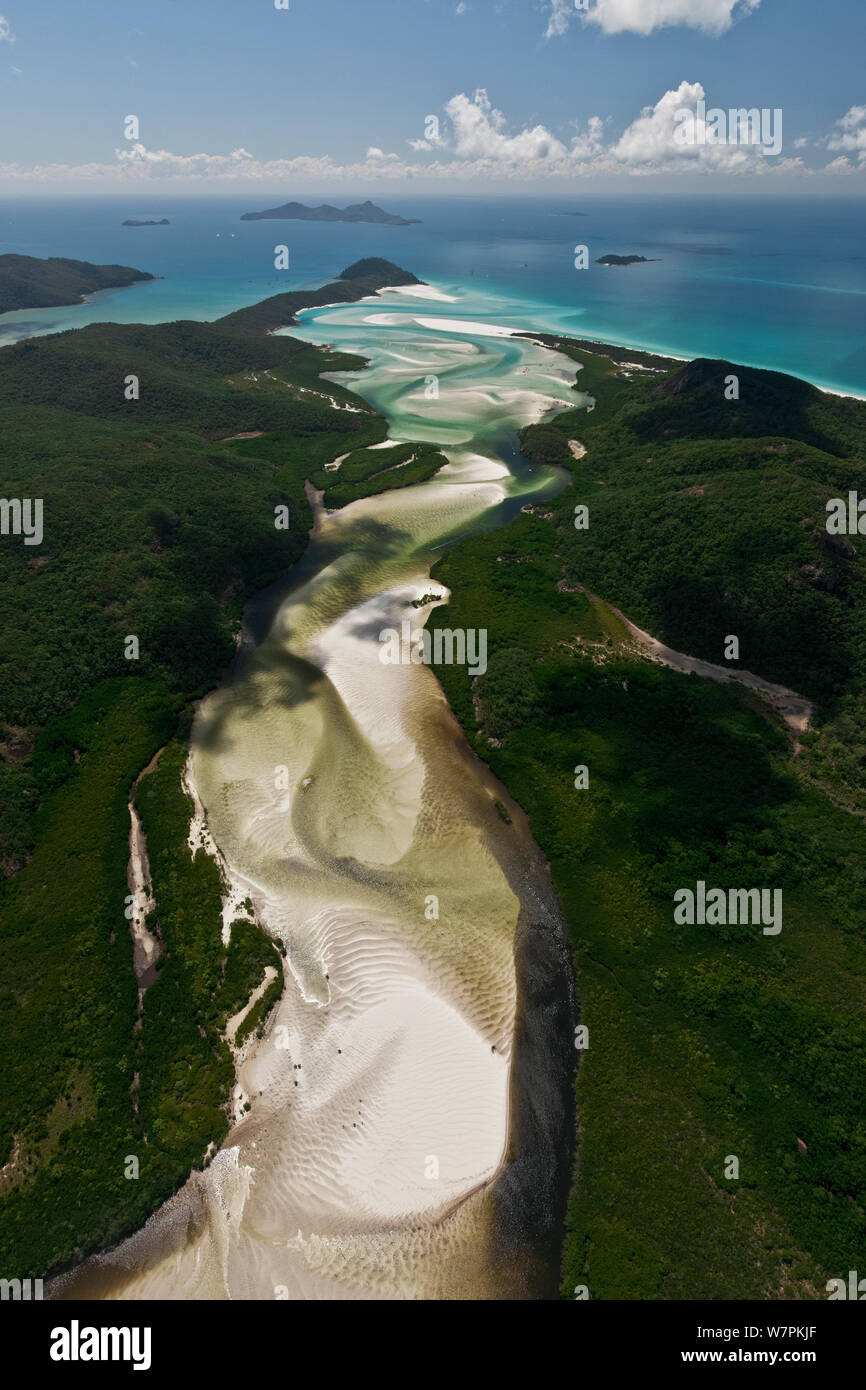 Aerial view of Whitehaven Beach - a seven kilometre stretch of pure white sand, Coral Sea, Pacific Ocean, August 2011 Stock Photo
