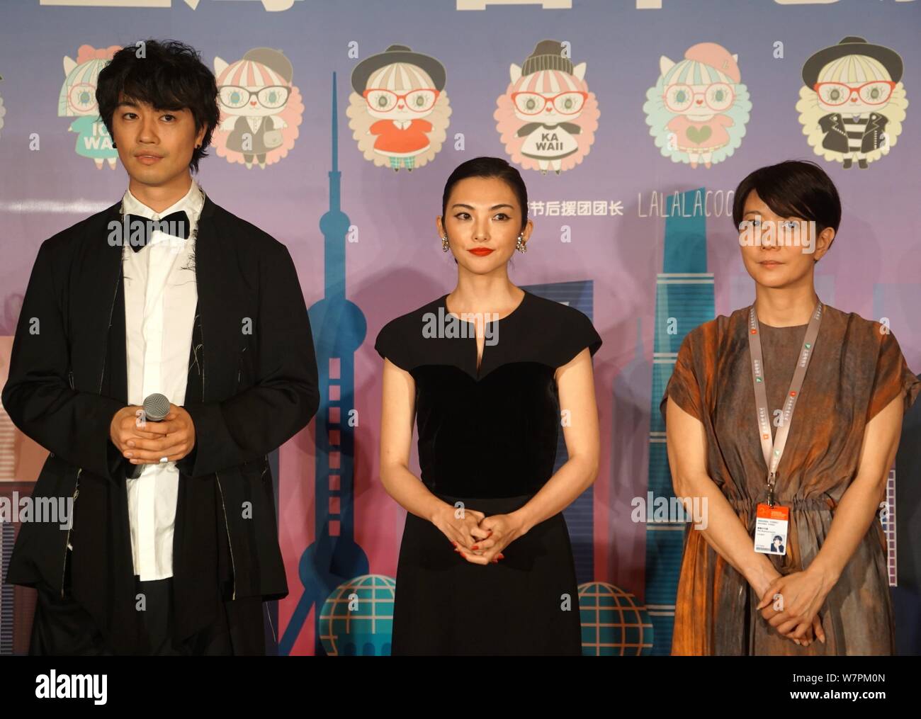 (From left) Japanese actor Takumi Saito, actress Rena Tanaka and Japanese director Yukiko Mishima attend the Welcome Dinner of the Japan Film Week dur Stock Photo