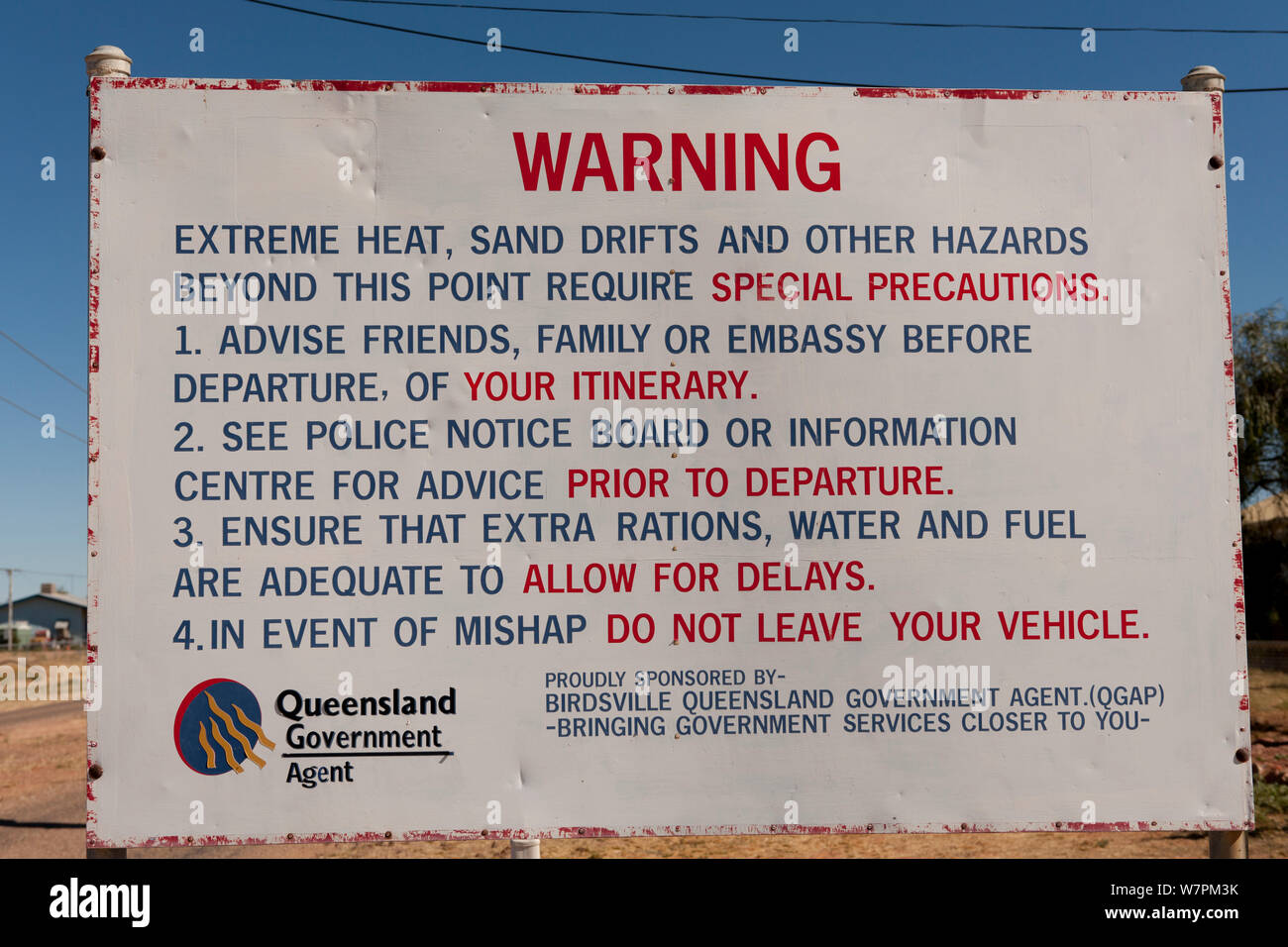 Queensland Government Warning for travelers going to the Simpson Desert, Queensland, Australia Stock Photo