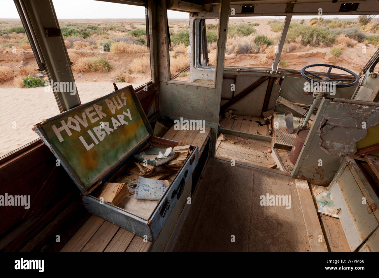 Interior of Ghan Hover Bus, sculpture at Mutonia Sculpture Park, Oodnadata Track, South Australia Stock Photo