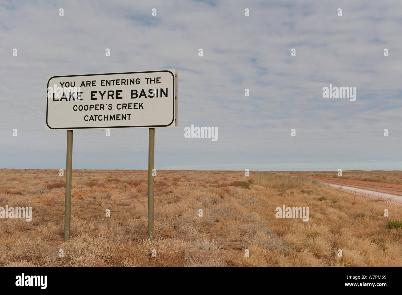 Sign saying 'Welcome to Lake Eyre Basin sign. William Creek catchment area' South Australia. July 2011 Stock Photo