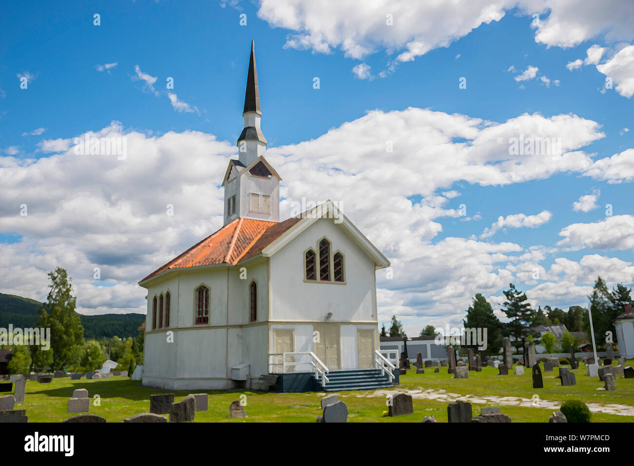 white wooden stave church near Leira in Norway with cemetery Stock Photo