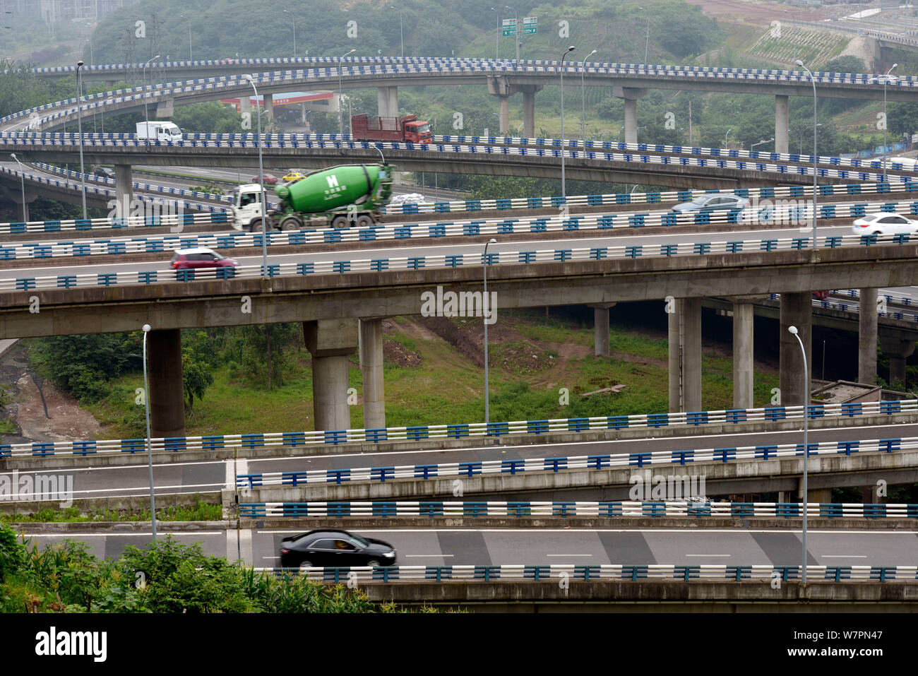 Aerial view of the fivestory structure Huangjuewan Flyover in