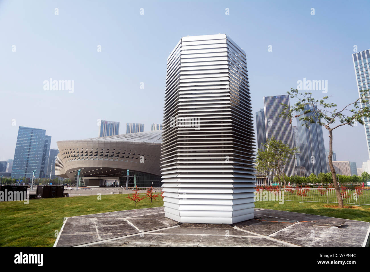 The world's largest air purifier "smog filtering tower" (smog free tower) is pictured outside the International Conference Center in Dalian cit Stock Photo -