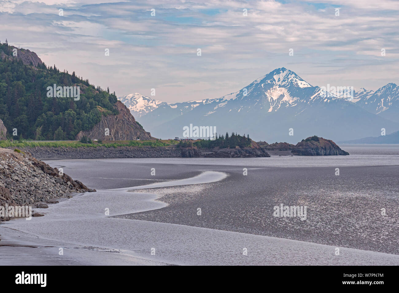 the low tide mudflats of the turnagain arm of cooks inlet in alaska with the Chugach Mountains in the background Stock Photo