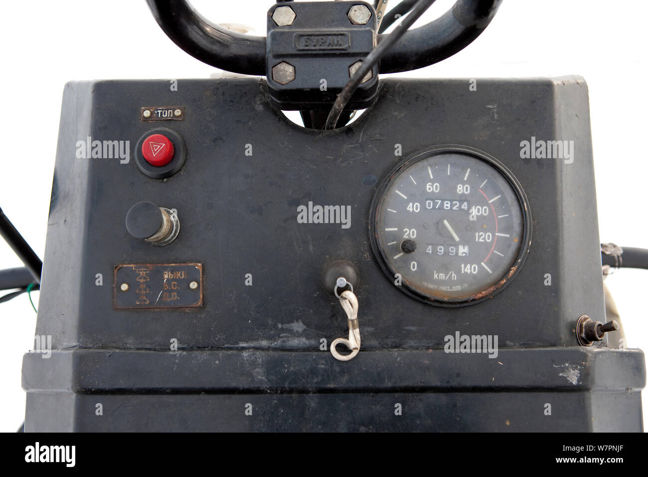 Instrument panel of a Ski-doo snowmobile, Arctic circle Dive Center, White Sea, Karelia, northern Russia Stock Photo