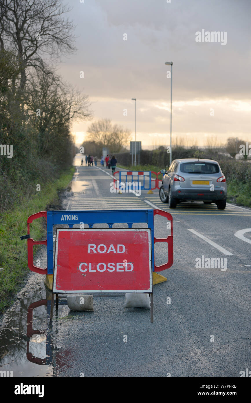 A361 road between Burrowbridge and East Lyng closed due to flooding after weeks of heavy rain, Somerset Levels, UK, January 2013. Stock Photo