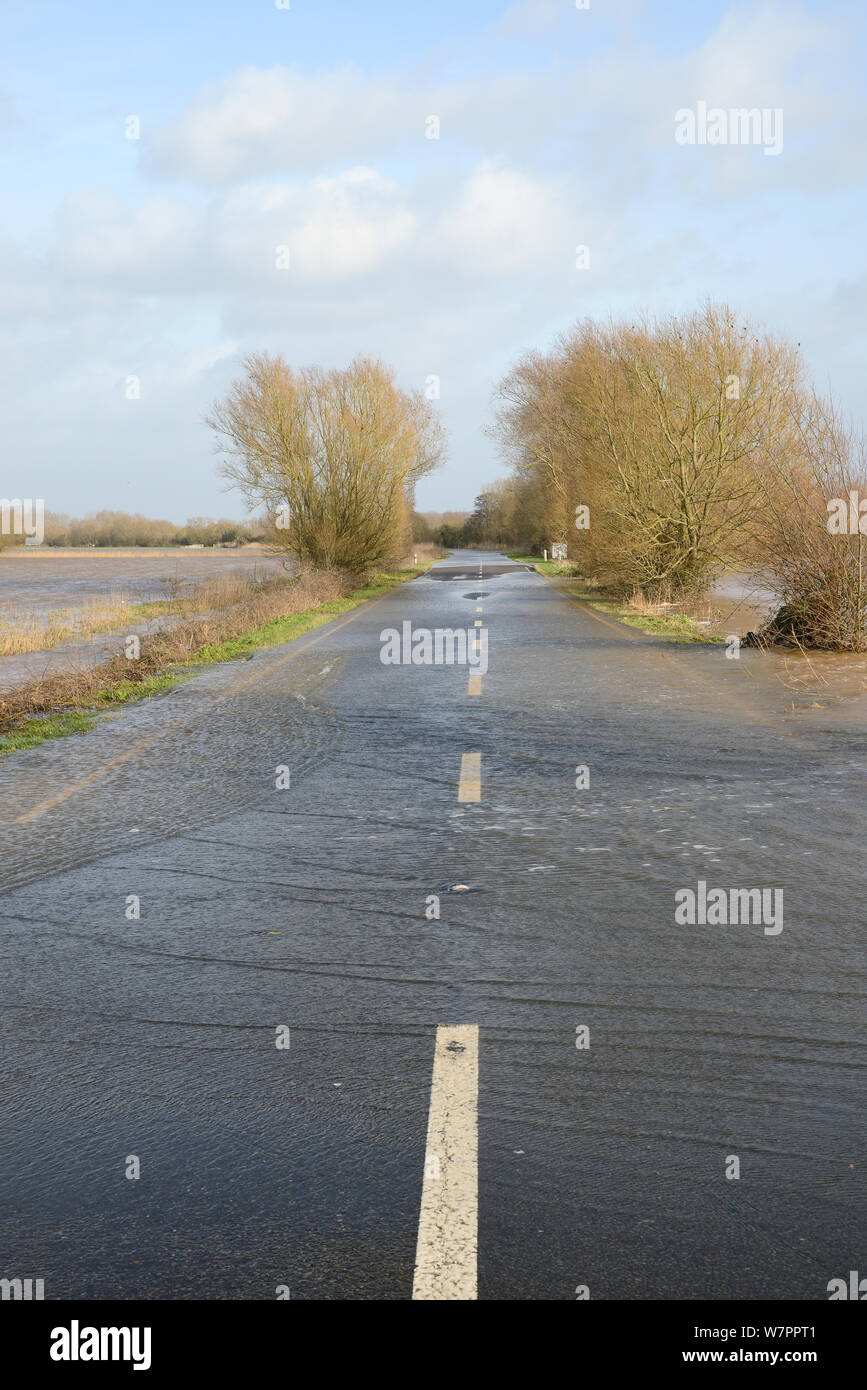 Severely flooded A361 between East Lyng and Burrowbridge across Lower Salt Moor after weeks of heavy rain, Somerset Levels and Moors, UK, January 2013. Stock Photo