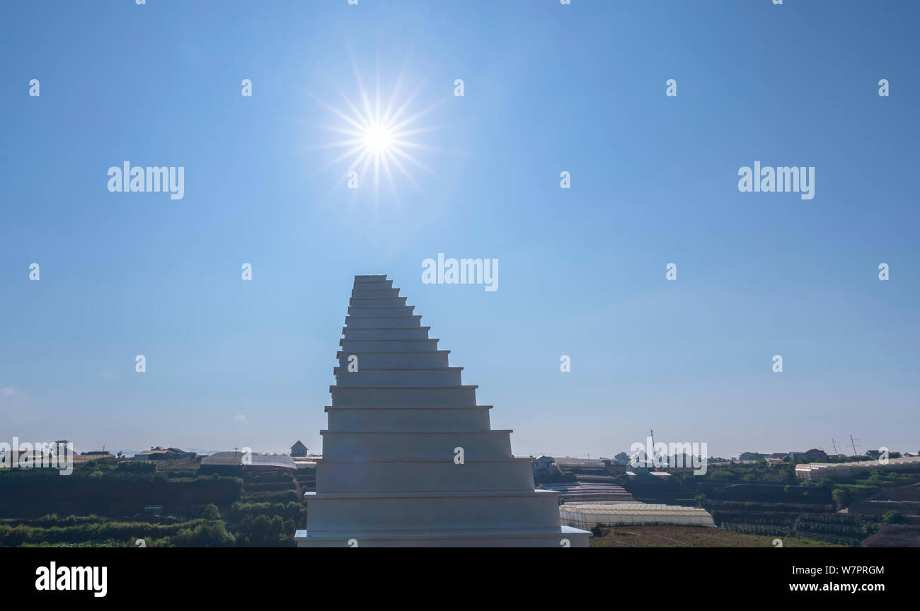 Ladder Paradise leading up to the sun. Development Motivation Business Career Heaven Growth Concept Stock Photo