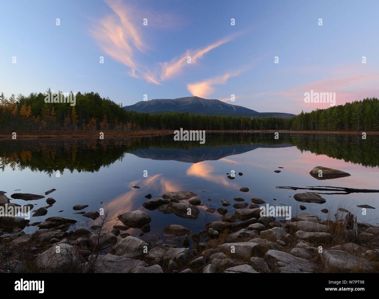Mount Katahdin reflected in lake, Baxter State Park, Maine. October