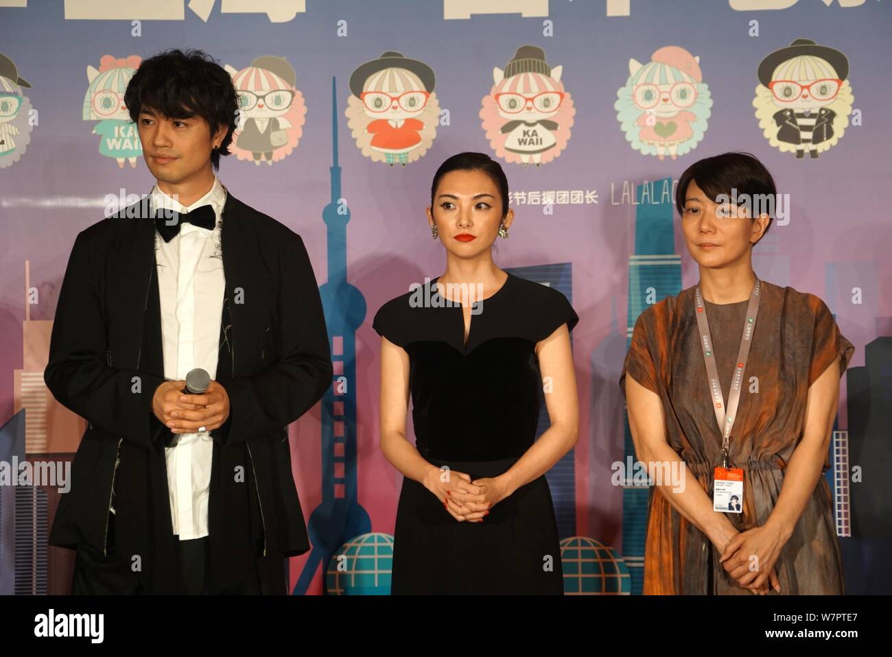(From left) Japanese actor Takumi Saito, actress Rena Tanaka and Japanese director Yukiko Mishima attend the Welcome Dinner of the Japan Film Week dur Stock Photo