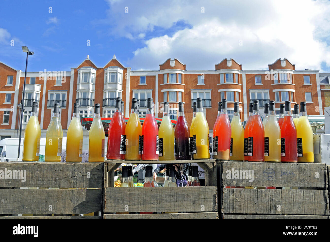 Bottles of organic juice on sale at Marylebone Farmers' Market, London