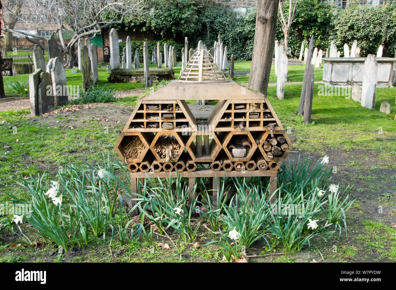 'Innvertebrate', the Boutique Bug Hotel or Insect House situated amongst gravestones, Bunhill Fields Burial Ground or Cemetery, London Borough of Islington, London, England, UK Stock Photo