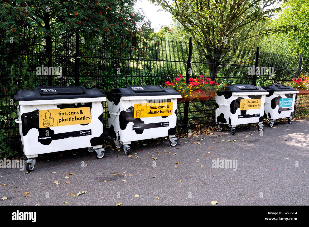 Recycling Bins painted with splodges like cows, Clissold Park, Stoke