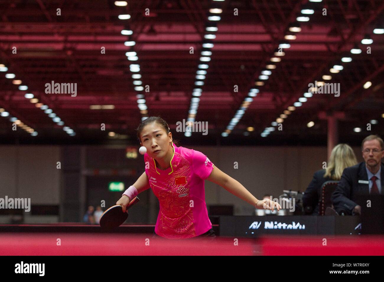 Liu Shiwen of China serves against Suh Hyo-won of South Korea in their third round of women's singles match during the 2017 World Table Tennis Champio Stock Photo