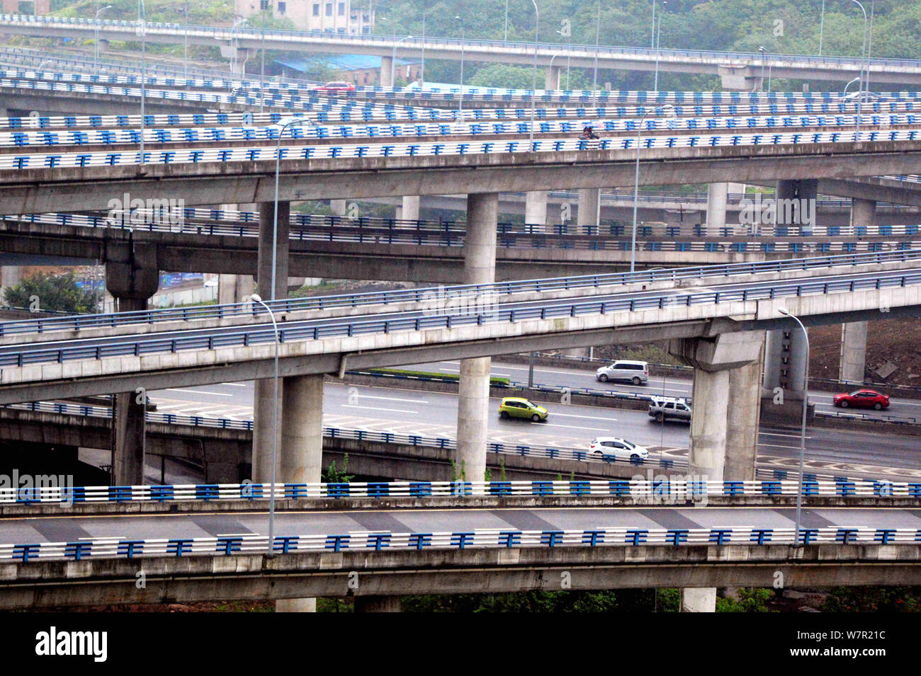 View of the fivestory structure Huangjuewan Flyover in Chongqing