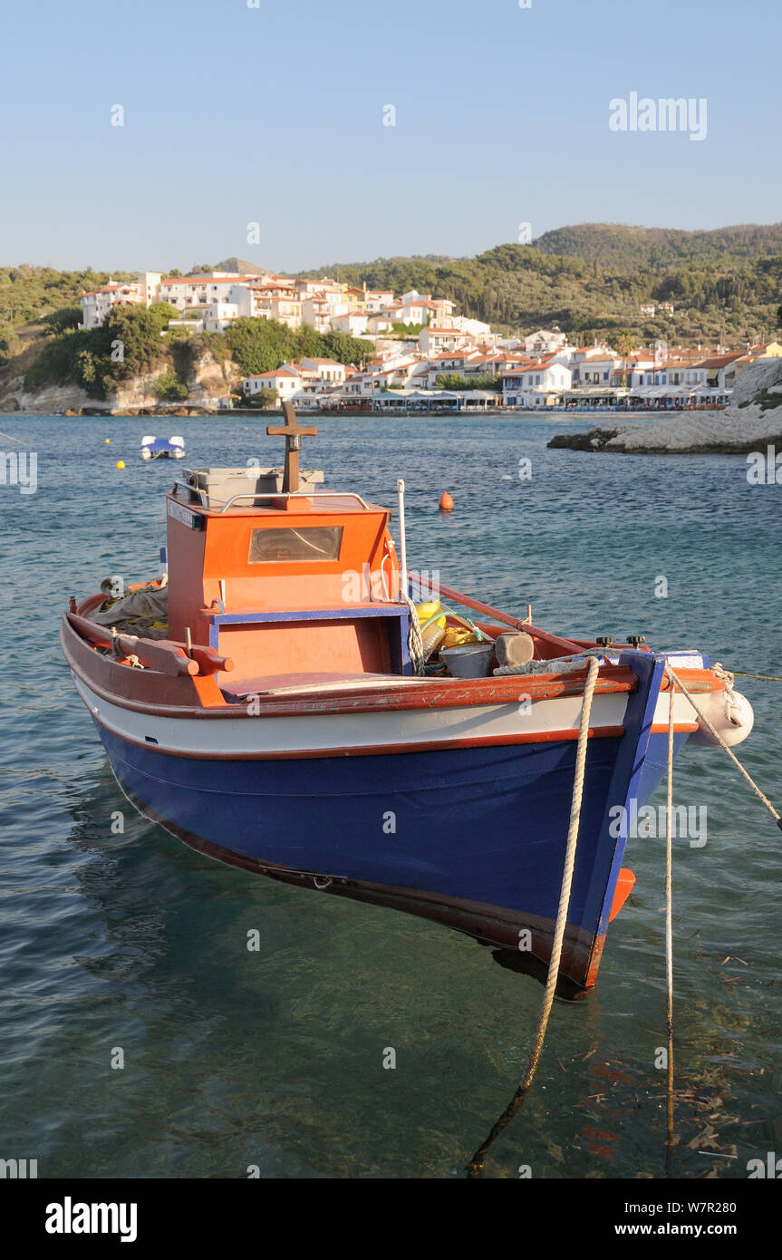 Fishing boat moored in Kokkari harbour. Samos, Greece, July. Stock Photo
