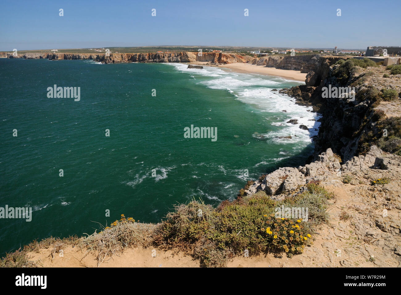 Praia do Tonel beach viewed from Ponta de Sagres, Algarve, Portugal, June 2012. Stock Photo