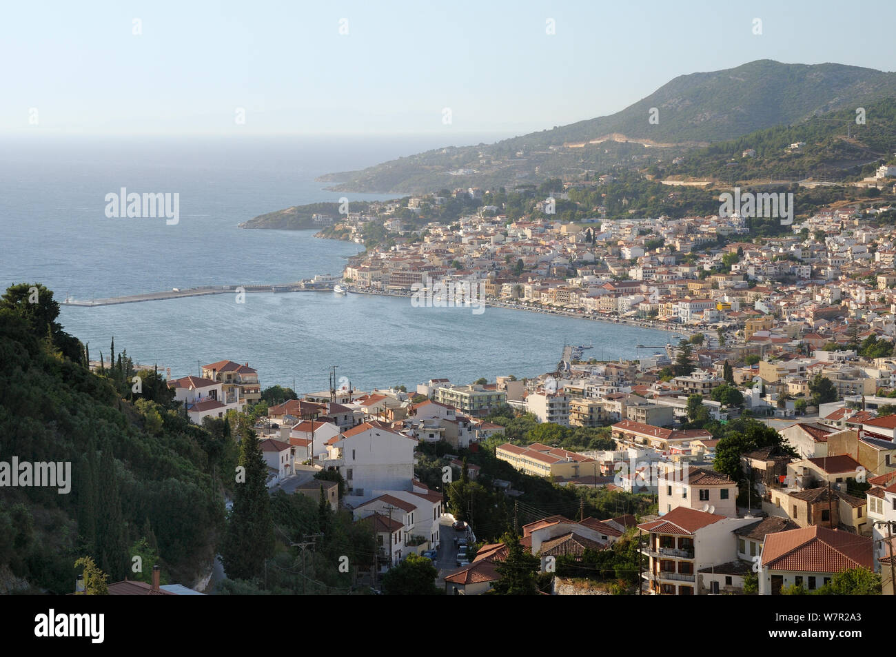 Overview of Samos harbour and town. Isle of Samos, Greece, August 2012. Stock Photo