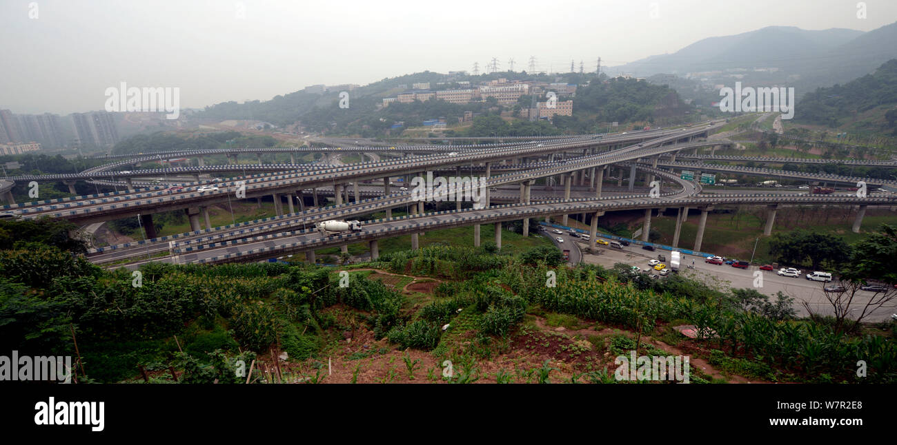 Aerial view of the fivestory structure Huangjuewan Flyover in