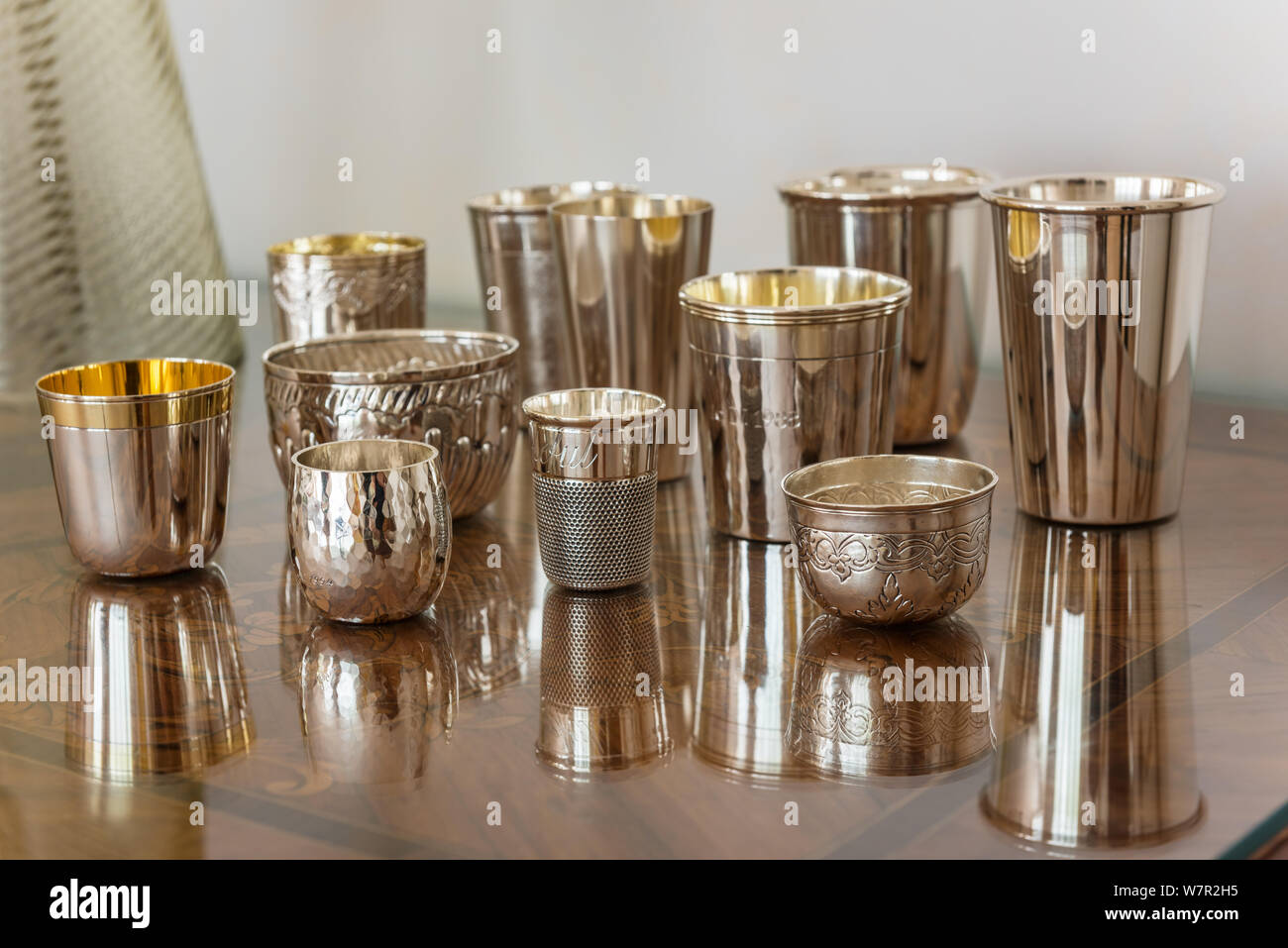 Collection of silver cups Stock Photo