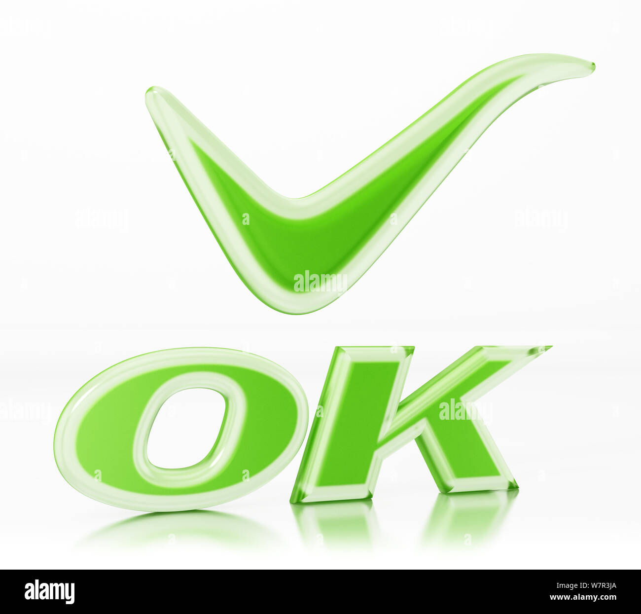 Ok word and tick sign isolated on white background. 3D illustration. Stock Photo