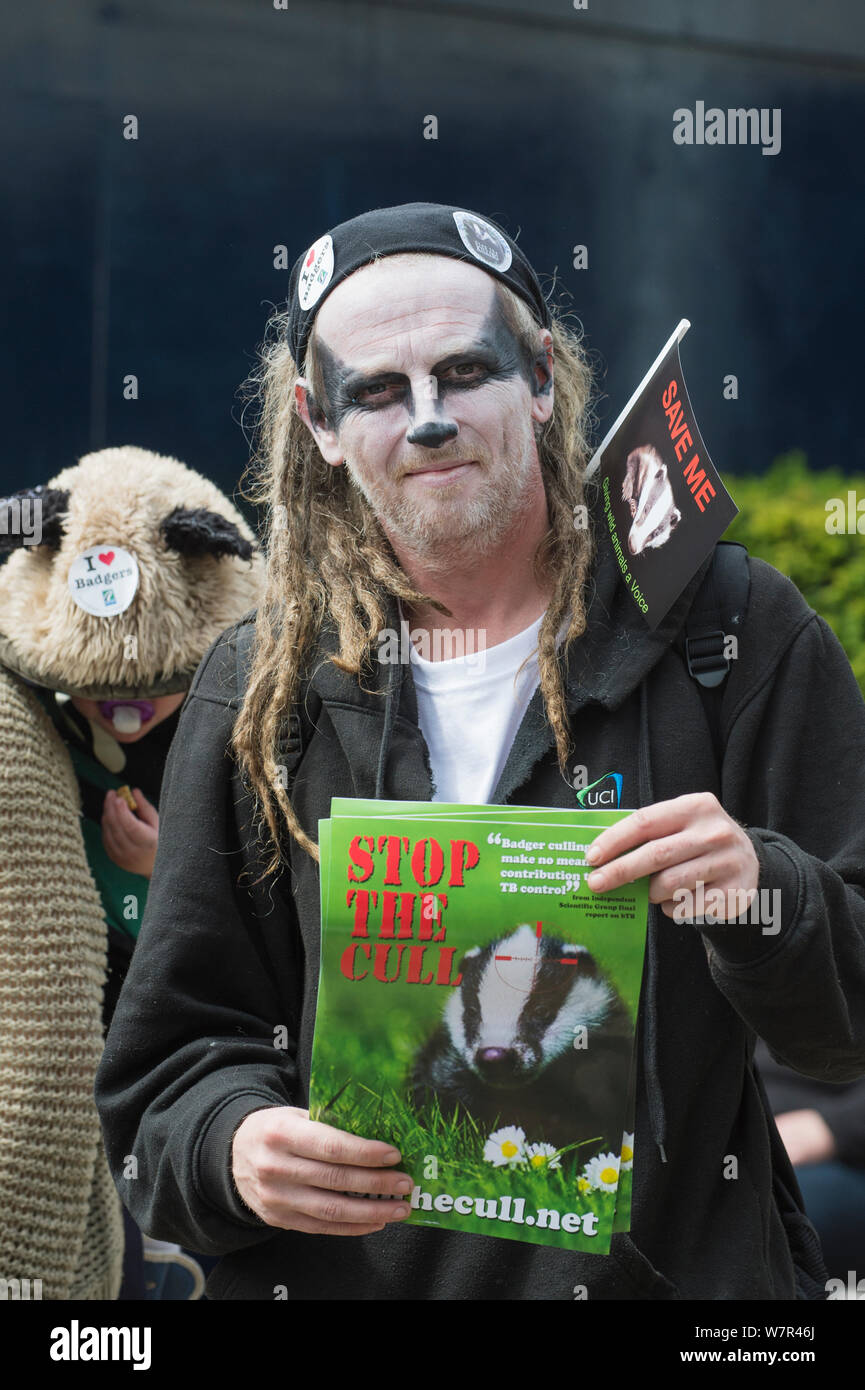 Man with Badger facepaint, holding leaflets which say 'Stop the cull ...