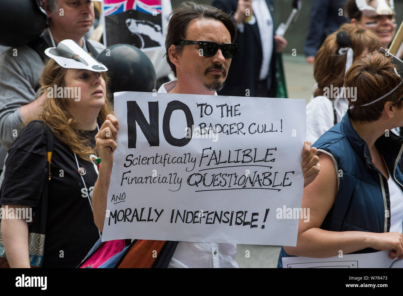 Man holding sign which says 'No to the badger cull, Scientifically fallable, Financially questionable and morally indiffensible' at anti badger cull march, London 1st June 2013 Stock Photo