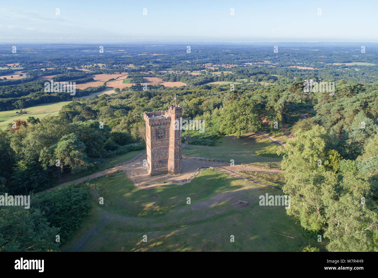 areial view of leith hill tower on the surrey hills near dorking surrey