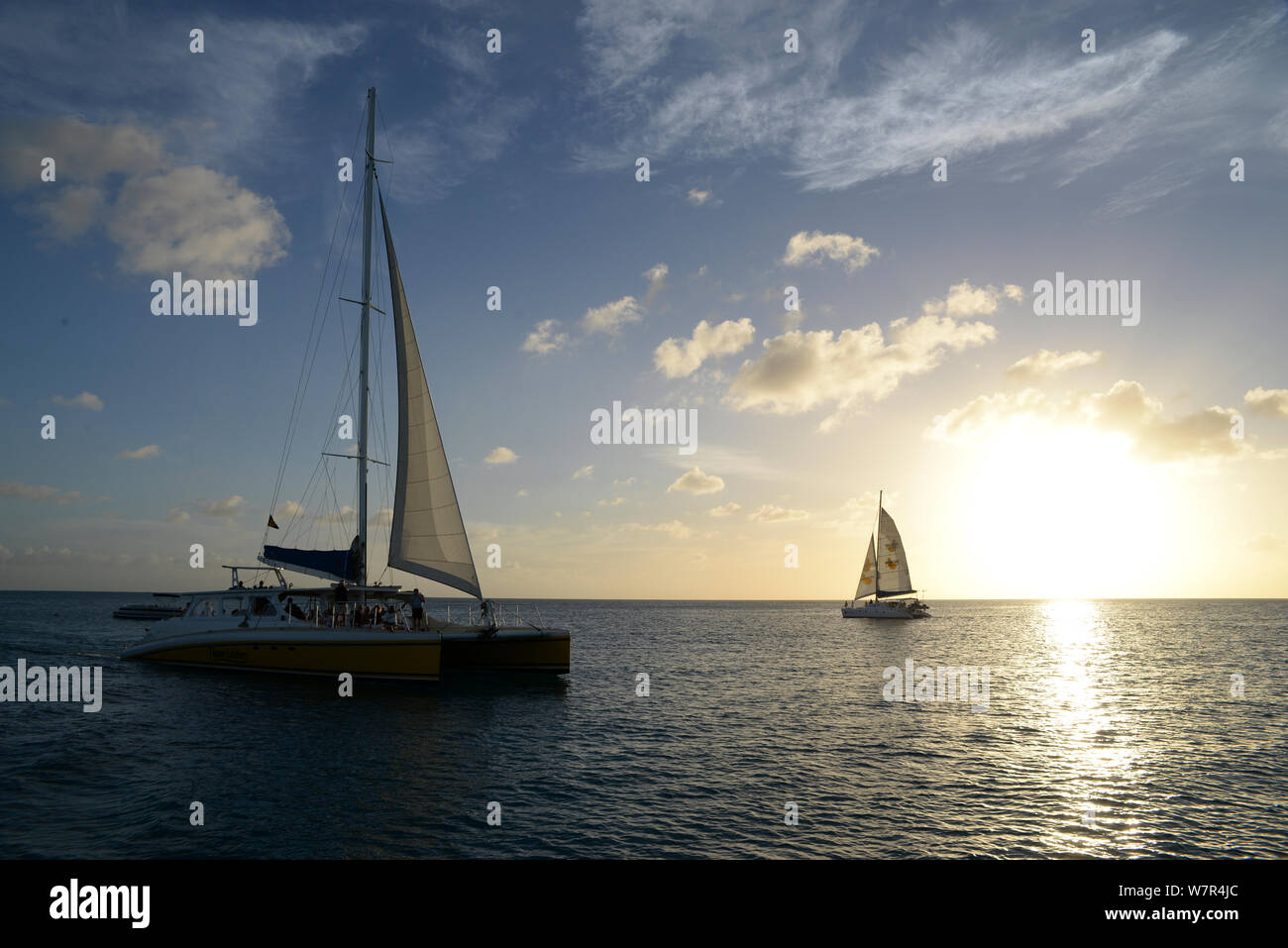Beautiful Sailing Boats Yachts In Silhouette With Sunset In Background Barbados Caribbean Stock Photo Alamy