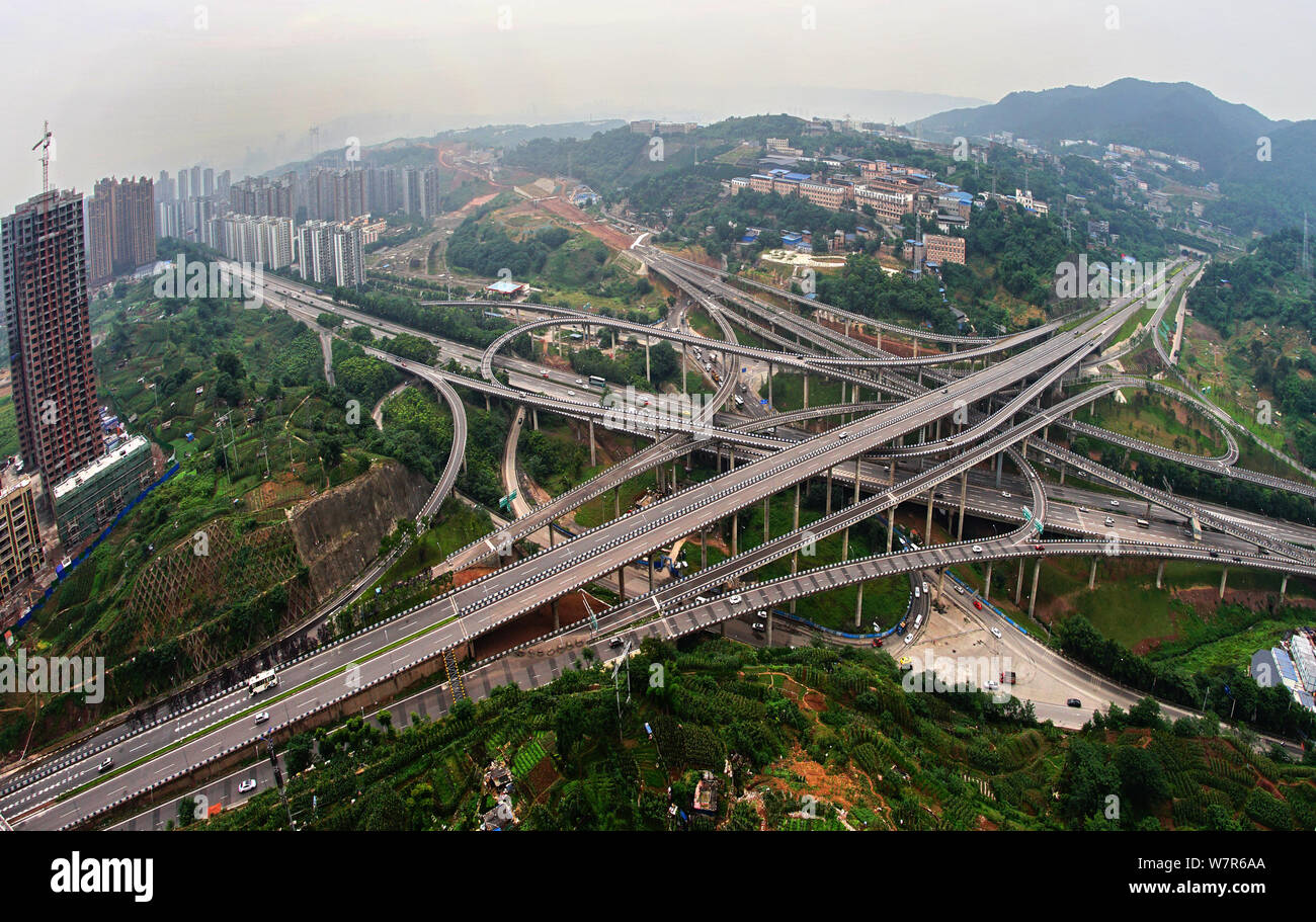Aerial view of the fivestory structure Huangjuewan Flyover in