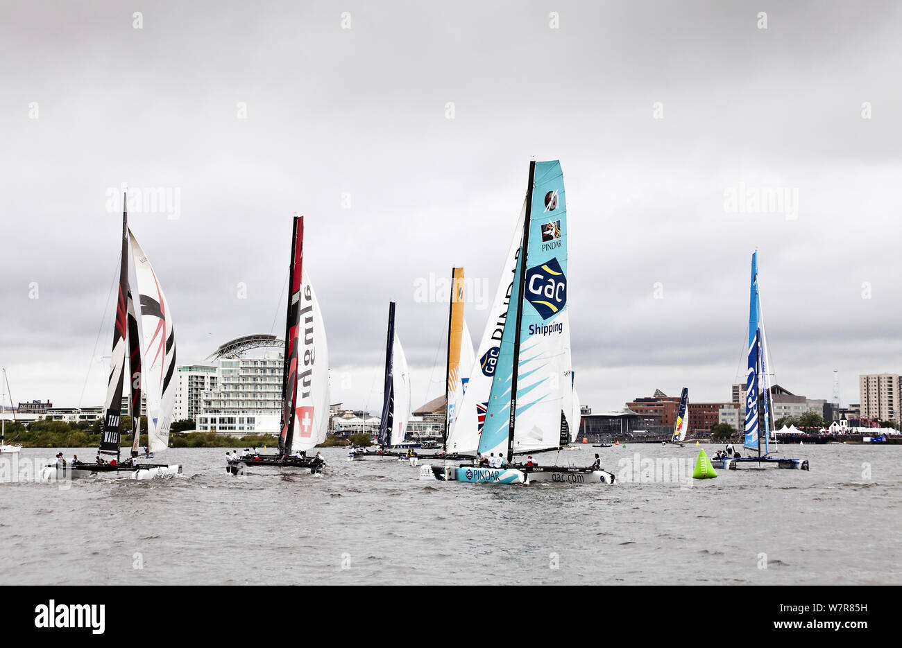 Catamaran's taking part in the Extreme 40 catamaran racing series in Cardiff Bay, Cardiff, Wales, UK, September 2012. Stock Photo
