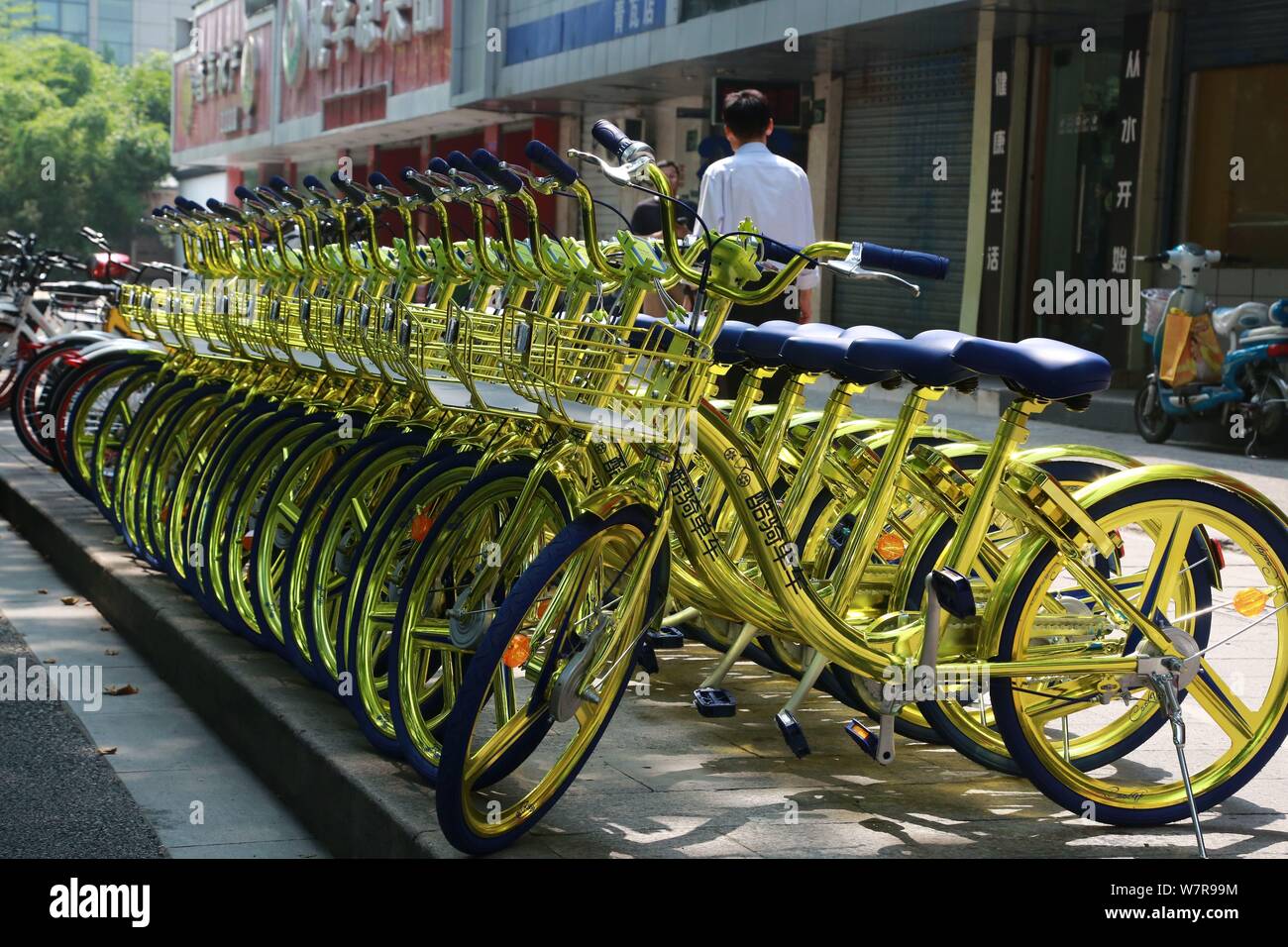 Golden bicycles of a Chinese bikesharing service are lined up on a