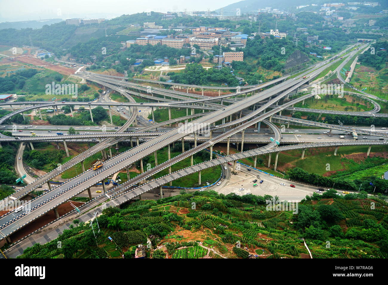 Aerial view of the fivestory structure Huangjuewan Flyover in