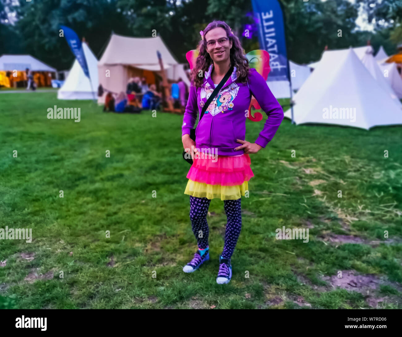 LGBT portrait of a person wearing a colorful outfit with butterfly wings, castlefest festival 2 august, 2019, keukenhof, lisse, The netherlands Stock Photo
